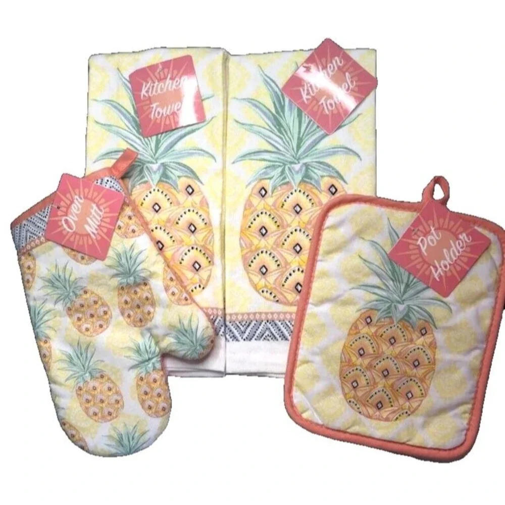 Welcome Pineapple Kitchen Dish Towel Oven Mitt Potholder Set of 4 Summer Beach
